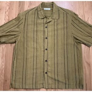 Zara Textured Stripe Camp Collar Shirt Men XL Linen Cotton Short Sleeve Resort
